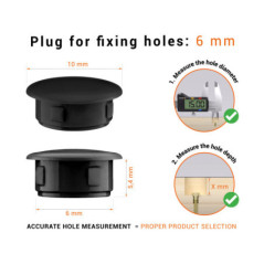 Blackplastic blanking plug 6 mm hole plug with technical dimensions and instructions for correct measurement