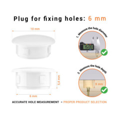 Whiteplastic blanking plug 6 mm hole plug with technical dimensions and instructions for correct measurement