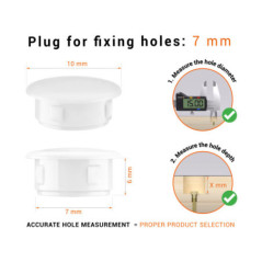 Whiteplastic blanking plug 7 mm hole plug with technical dimensions and instructions for correct measurement