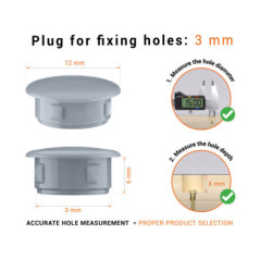 Greyplastic blanking plug 3 mm hole plug with technical dimensions and instructions for correct measurement