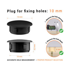 Blackplastic blanking plug 10 mm hole plug with technical dimensions and instructions for correct measurement