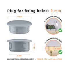 Greyplastic blanking plug 9 mm hole plug with technical dimensions and instructions for correct measurement