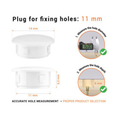 Whiteplastic blanking plug 11 mm hole plug with technical dimensions and instructions for correct measurement