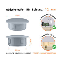 Greyplastic blanking plug 12 mm hole plug with technical dimensions and instructions for correct measurement