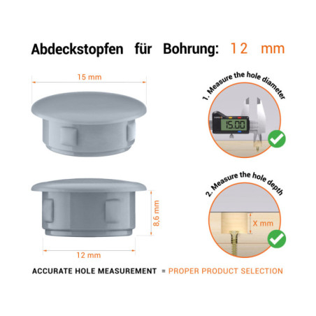 Drill hole cover cap 15x12 mm Grey 10 pieces