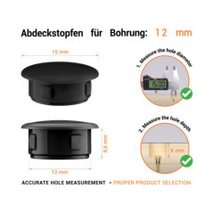 Blackplastic blanking plug 12 mm hole plug with technical dimensions and instructions for correct measurement