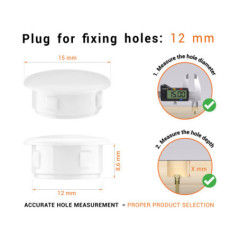 Whiteplastic blanking plug 12 mm hole plug with technical dimensions and instructions for correct measurement