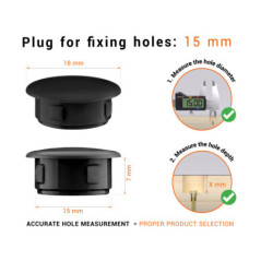 Blackplastic blanking plug 15 mm hole plug with technical dimensions and instructions for correct measurement