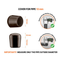 Brownn tube end caps for round tubes outer diameter 10 mm with dimensions and guide for correct measurement