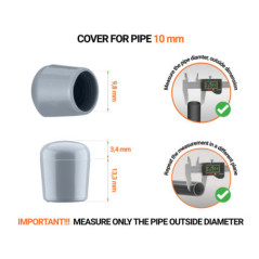 Greyn tube end caps for round tubes outer diameter 10 mm with dimensions and guide for correct measurement