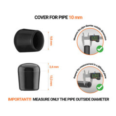 Blackn tube end caps for round tubes outer diameter 10 mm with dimensions and guide for correct measurement