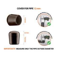 Brownn tube end caps for round tubes outer diameter 12 mm with dimensions and guide for correct measurement