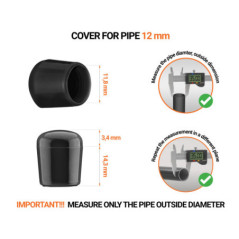 Blackn tube end caps for round tubes outer diameter 12 mm with dimensions and guide for correct measurement