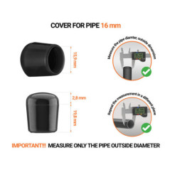 Blackn tube end caps for round tubes outer diameter 16 mm with dimensions and guide for correct measurement