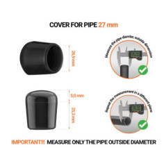 Blackn tube end caps for round tubes outer diameter 27 mm with dimensions and guide for correct measurement