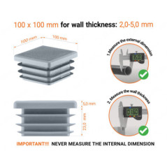 Grey plastic end cap for square tubes in size 100x100 mm with technical dimensions and instructions for correct measurement