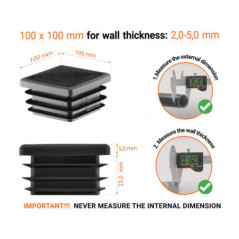 Black plastic end cap for square tubes in size 100x100 mm with technical dimensions and instructions for correct measurement