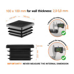 Black plastic end cap for square tubes in size 100x100 mm with technical dimensions and instructions for correct measurement