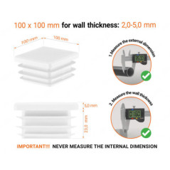 White plastic end cap for square tubes in size 100x100 mm with technical dimensions and instructions for correct measurement