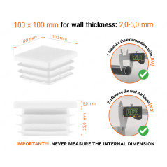 White plastic end cap for square tubes in size 100x100 mm with technical dimensions and instructions for correct measurement