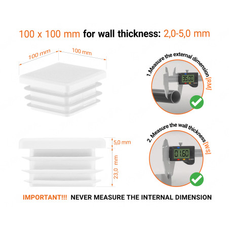 White plastic end cap for square tubes in size 100x100 mm with technical dimensions and instructions for correct measurement