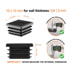 Black plastic end cap for square tubes in size 10x10 mm with technical dimensions and instructions for correct measurement