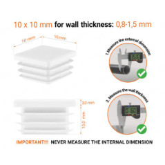 White plastic end cap for square tubes in size 10x10 mm with technical dimensions and instructions for correct measurement