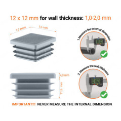 Grey plastic end cap for square tubes in size 12x12 mm with technical dimensions and instructions for correct measurement