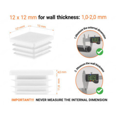 White plastic end cap for square tubes in size 12x12 mm with technical dimensions and instructions for correct measurement