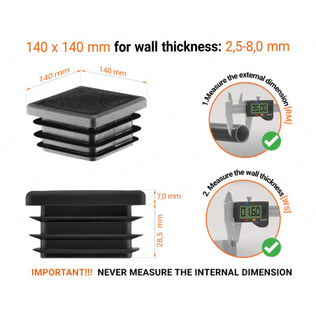 Square end caps for steel box section 140x140 mm Black colour Black plastic end cap for square tubes in size 140x140 mm with technical dimensions and instructions for correct measurement