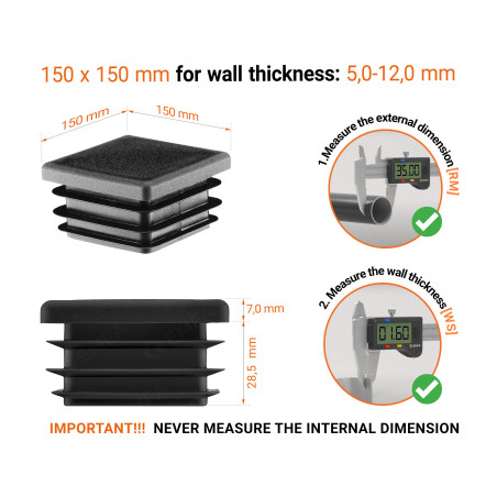 Black plastic end cap for square tubes in size 150x150 mm with technical dimensions and instructions for correct measurement