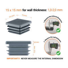 Anthracite plastic end cap for square tubes in size 15x15 mm with technical dimensions and instructions for correct measurement