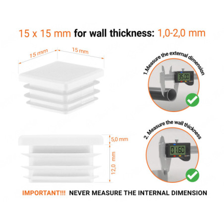 Square end caps for steel box section 15x15 mm White colour 10 pieces