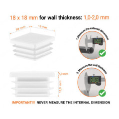 White plastic end cap for square tubes in size 18x18 mm with technical dimensions and instructions for correct measurement