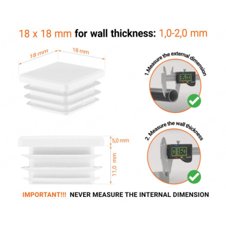 Square end caps for steel box section 18x18 mm White colour 10 pieces