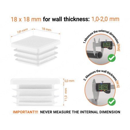 White plastic end cap for square tubes in size 18x18 mm with technical dimensions and instructions for correct measurement