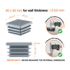 Grey plastic end cap for square tubes in size 60x60 mm with technical dimensions and instructions for correct measurement