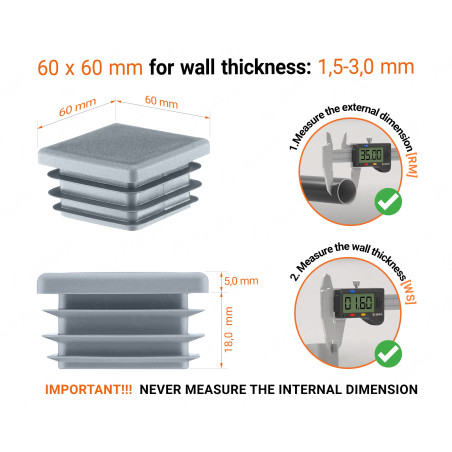 Grey plastic end cap for square tubes in size 60x60 mm with technical dimensions and instructions for correct measurement