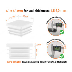 White plastic end cap for square tubes in size 60x60 mm with technical dimensions and instructions for correct measurement