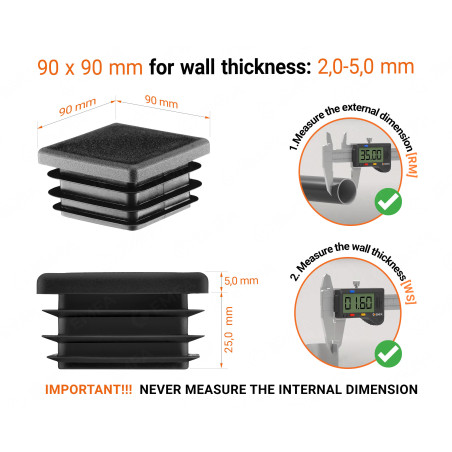 Black plastic end cap for square tubes in size 90x90 mm with technical dimensions and instructions for correct measurement