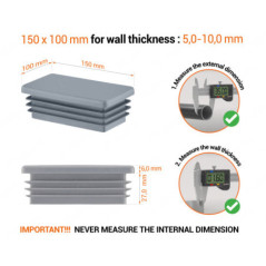 Grey rectangular tube insert for 100x150 mm tube with technical dimensions and guide for correct measurement of the end caps.