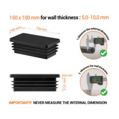 Black rectangular tube insert for 100x150 mm tube with technical dimensions and guide for correct measurement of the end caps.