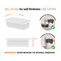 White rectangular tube insert for 10x20 mm tube with technical dimensions and guide for correct measurement of the end caps.