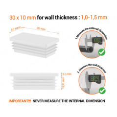 White rectangular tube insert for 10x30 mm tube with technical dimensions and guide for correct measurement of the end caps.