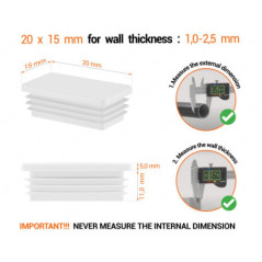 White rectangular tube insert for 15x20 mm tube with technical dimensions and guide for correct measurement of the end caps.