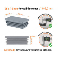 Grey rectangular tube insert for 15x25 mm tube with technical dimensions and guide for correct measurement of the end caps.