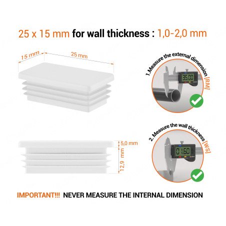 White rectangular tube insert for 15x25 mm tube with technical dimensions and guide for correct measurement of the end caps.