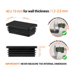 Black rectangular tube insert for 15x40 mm tube with technical dimensions and guide for correct measurement of the end caps.