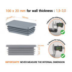 Grey rectangular tube insert for 20x100 mm tube with technical dimensions and guide for correct measurement of the end caps.