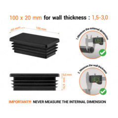 Black rectangular tube insert for 20x100 mm tube with technical dimensions and guide for correct measurement of the end caps.